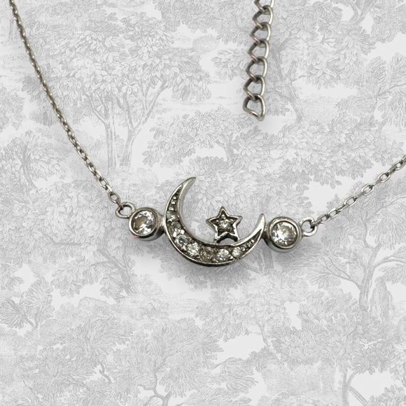 Vintage 2000's Celestial Moon and Stars Sterling Silver CZ Pendant Necklace - Picture 7 of 9